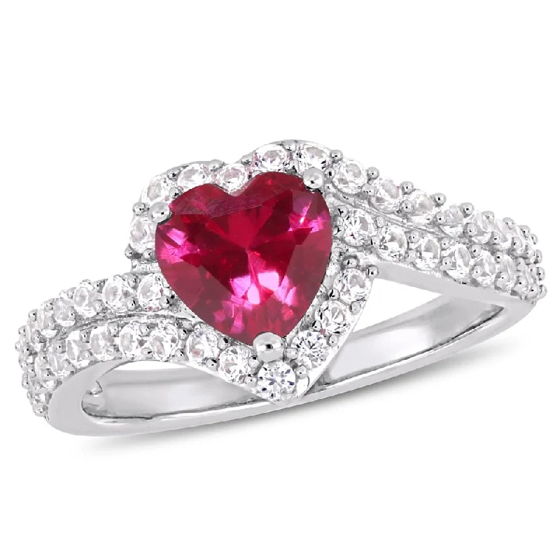 eternity rings for women -Miadora Sterling Silver Created Ruby and Created White Sapphire Heart Halo Ring