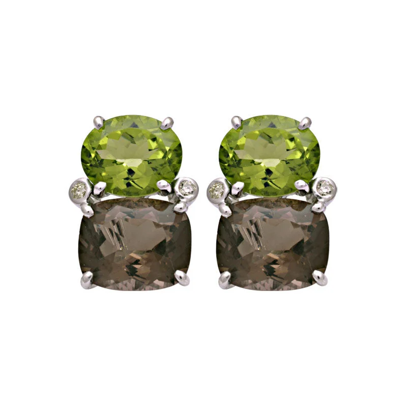 evening earrings for women -Earrings-Peridot, Smokey Quartz and Diamond