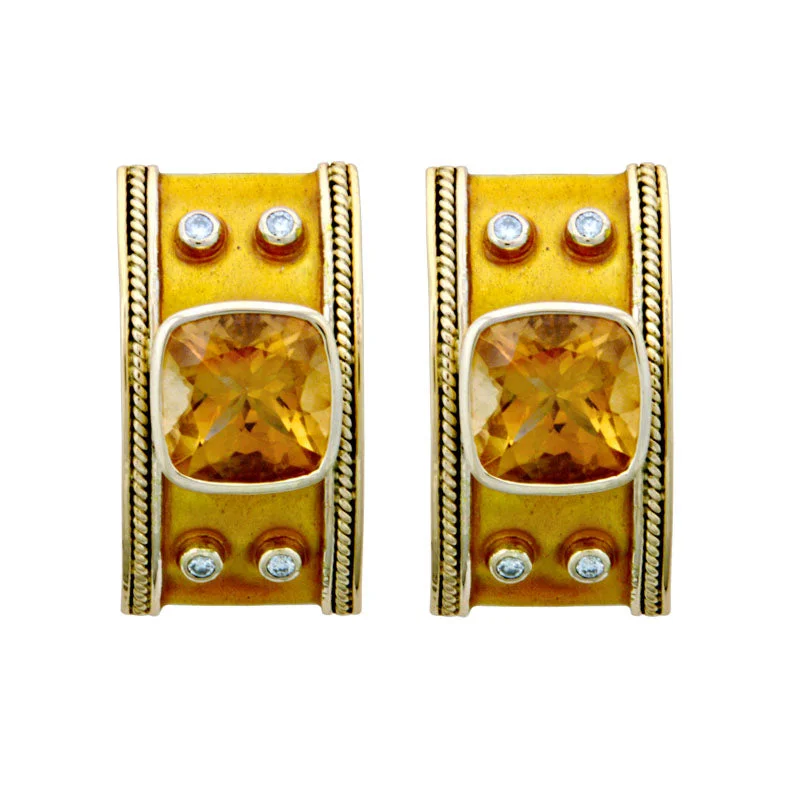 gold dangle earrings -Earrings-Citrine and Diamond (Enamel)