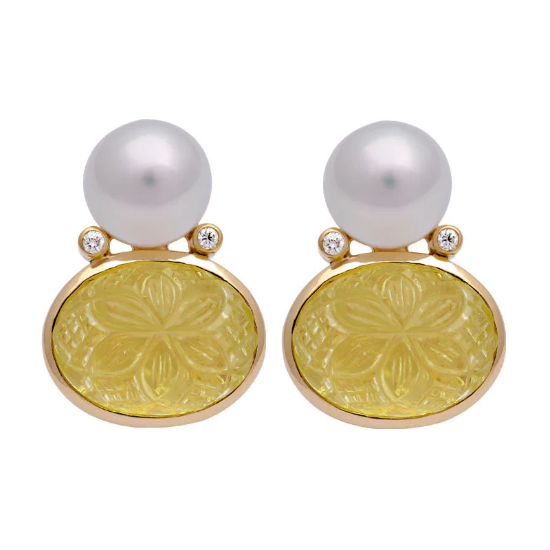 minimalistic earrings for women -Earrings-Lemon Quartz, South Sea Pearl and Diamond