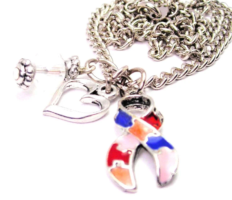 personalized initial necklaces -Hand Painted Autism Awareness Ribbon Necklace with Small Heart