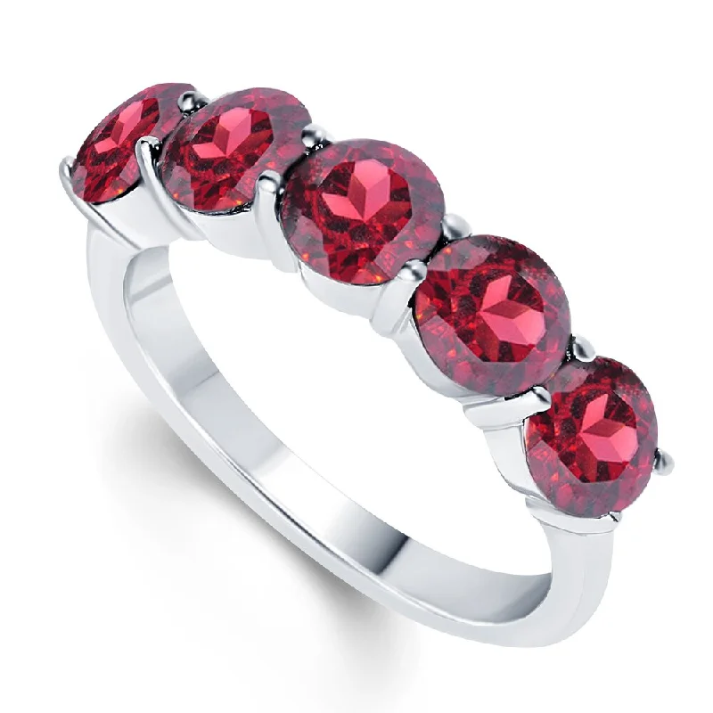 simple wedding rings for women -Sterling Silver 3.25ct Round Garnet Five stone Ring