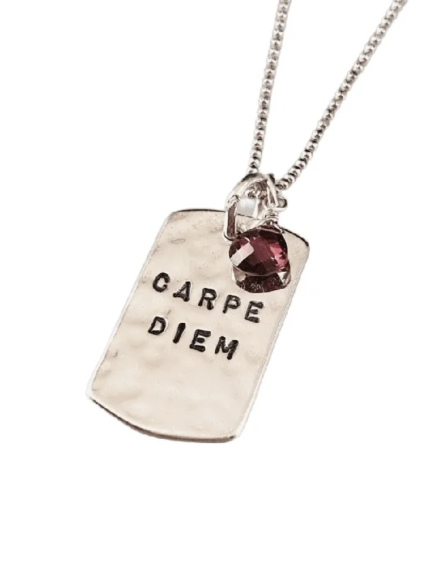 personalized necklaces for women -18" Carpe Diem Hammered Dog Tag Sterling Silver Necklace with Garnet