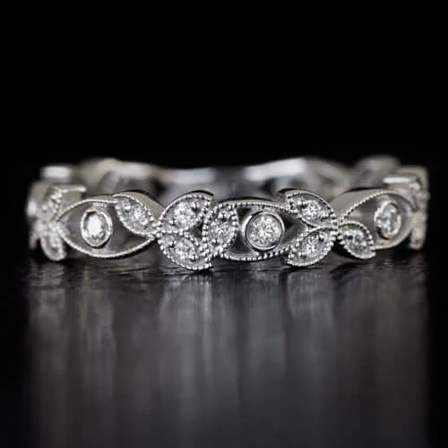 luxury rings for women -ROUND DIAMOND BEZEL WEDDING BAND FILIGREE RING VINTAGE STYLE FLORAL ART DECO