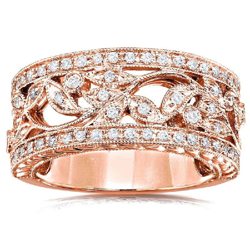 wedding sets with rings -Annello by Kobelli 14k Rose Gold 1/4ct TDW Diamond Wide Floral Anniversary Ring