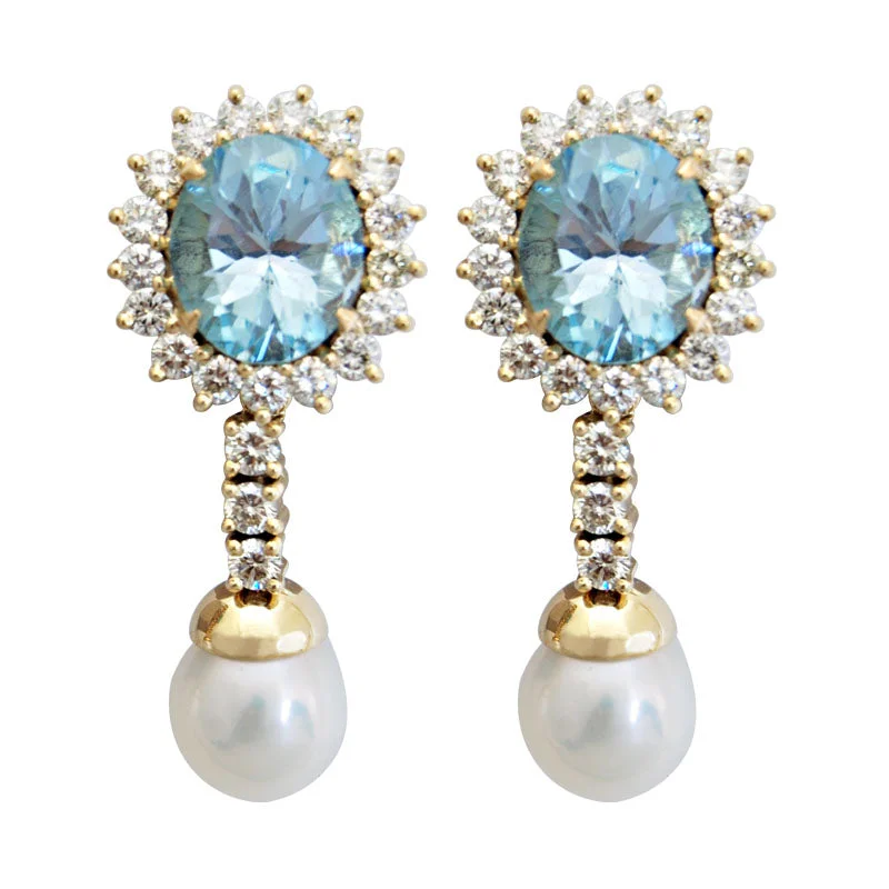 crystal stud earrings for women -Earrings-Blue Topaz, Pearl and Diamond