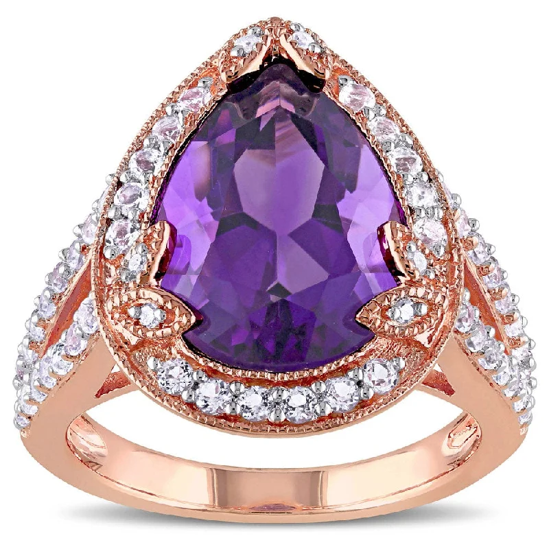 diamond wedding rings for women -Miadora Rose Plated Silver Amethyst and White Topaz and Diamond Accent Halo Cocktail Ring - Purple