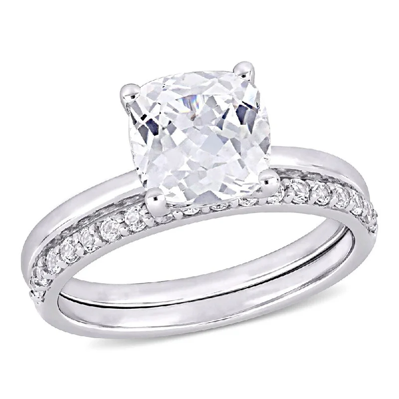 fashion rings for women -Miadora 10k White Gold Cushion-cut Created White Sapphire Wedding Ring Set