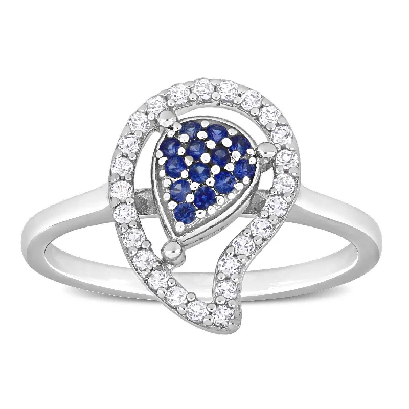 wedding rings for women -Miadora White Topaz and Created Blue Sapphire Halo Teardrop Ring in Sterling Silver