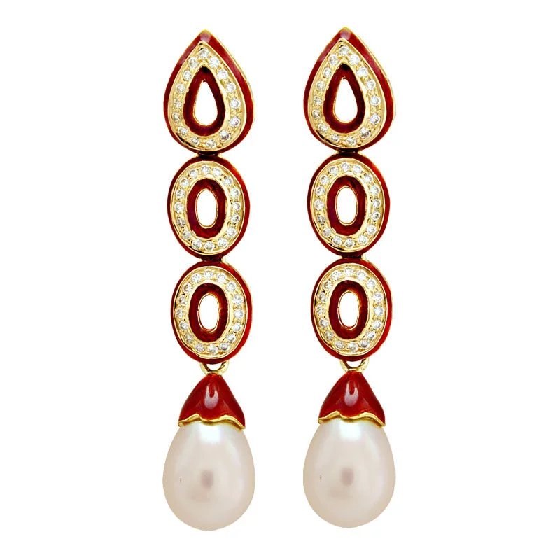 gemstone earrings for women -Earrings-South Sea Pearl and Diamond (Enamel)