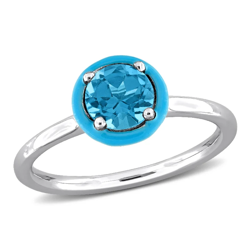 pearl rings for women -Miadora 1ct TGW London Blue Topaz Blue Enamel Plated Solitaire Ring in Sterling Silver