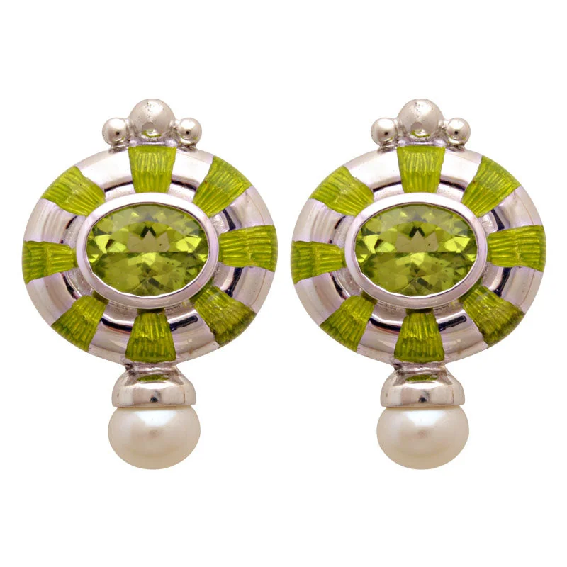 unique earrings for women -Earrings-Peridot and Fresh Water Pearl (Enamel)