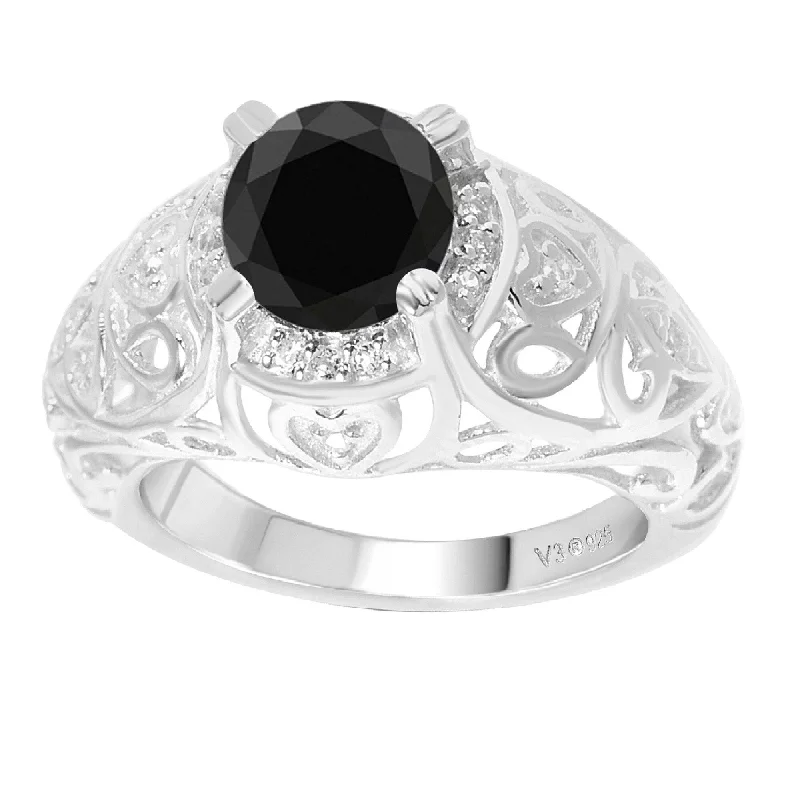 double band rings for women -Sterling Silver with Genuine Black Diamond and White Topaz Halo Ring