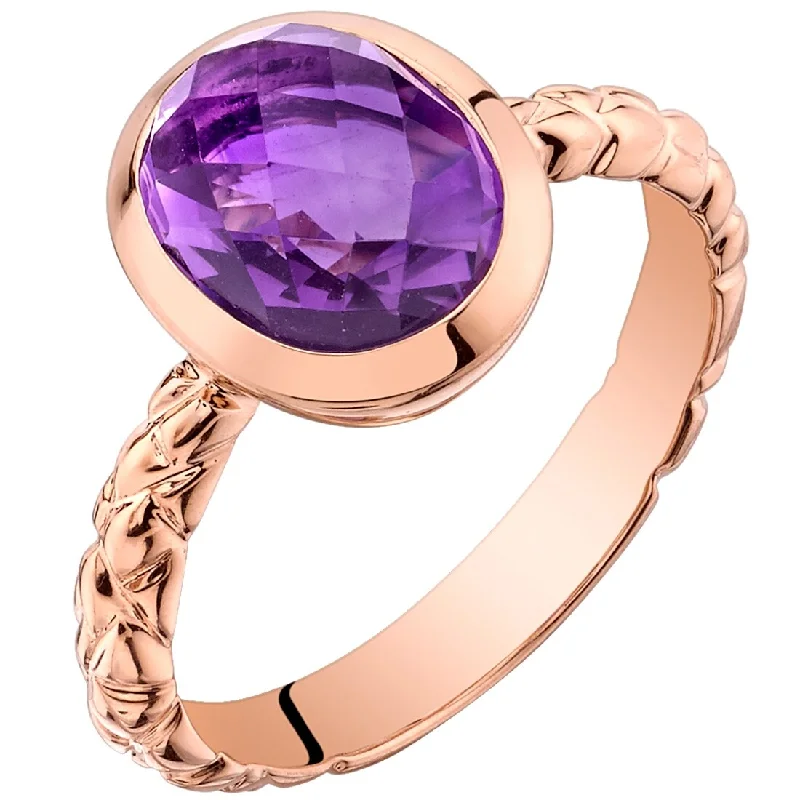 classic rings for women -14k Rose Gold 2ct Amethyst Solitaire Birthstone Ring