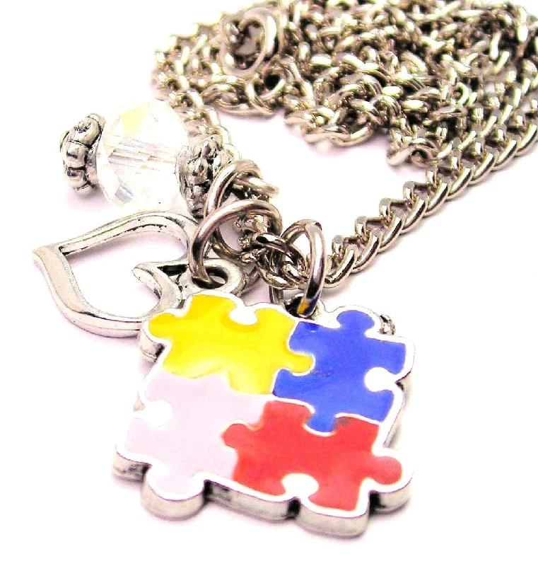 thick chain necklaces for women -Hand Painted Little Puzzle Pieces Autism Awareness Necklace with Small Heart