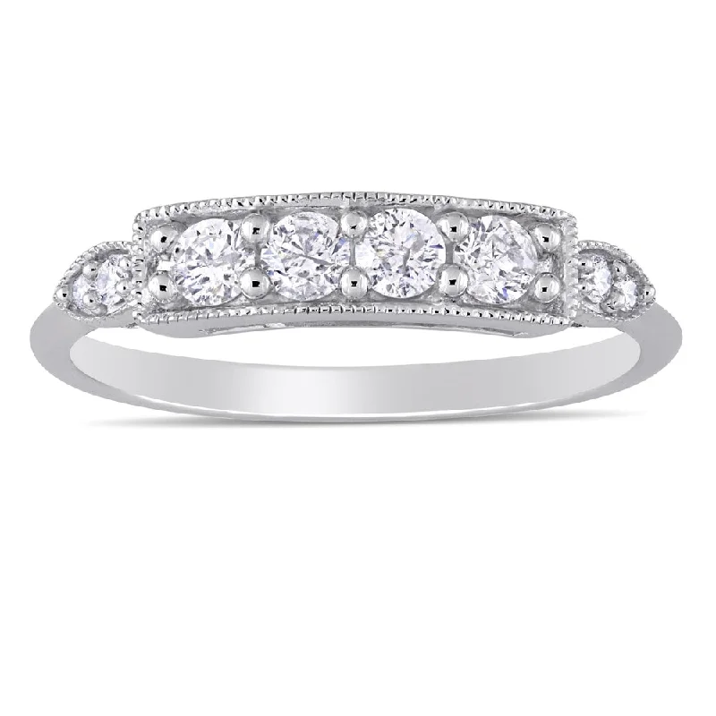 unique rings for women -Miadora 10k White Gold 1/3ct TDW Diamond Milgrain Detail Bar Anniversary Ring