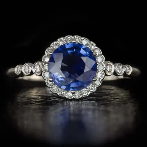 heart diamond rings for women -1.22ct NATURAL ROYAL BLUE SAPPHIRE ROUND DIAMOND HALO ENGAGEMENT COCKTAIL RING