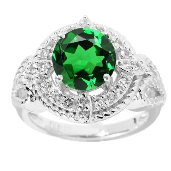 engagement rings for brides -Sterling Silver Emerald And White Topaz Halo Ring