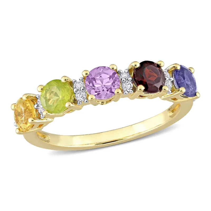 rose gold engagement rings -Miadora 1 2/5ct TGW White Topaz - Amethyst - Iolite - Garnet - Citrine & Peridot Semi Eternity Ring in Yellow Silver