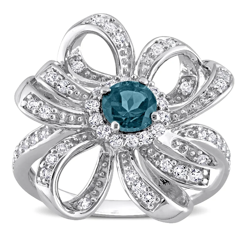 custom engraved rings -Miadora London Blue Topaz and White Topaz Floral Cluster Ring in Sterling Silver