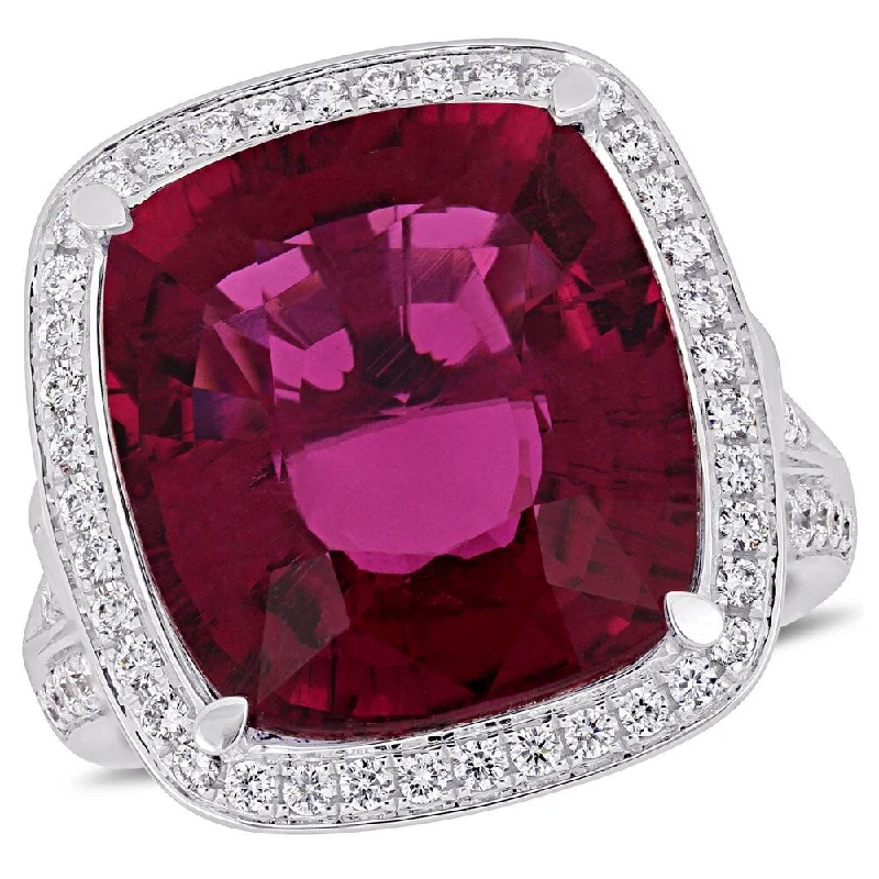 colored gemstone engagement rings -Miadora 14k White Gold Pink Tourmaline and 1-3/8 ct TDW Diamond Halo Ring