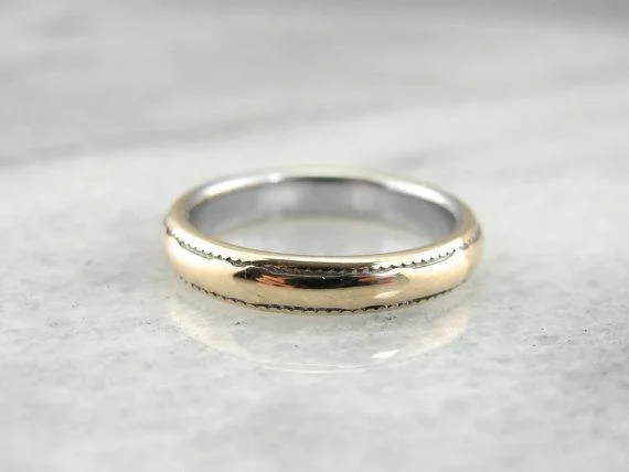 rose gold engagement rings -Yellow and White Gold Wedding Band with Milgrain Edging