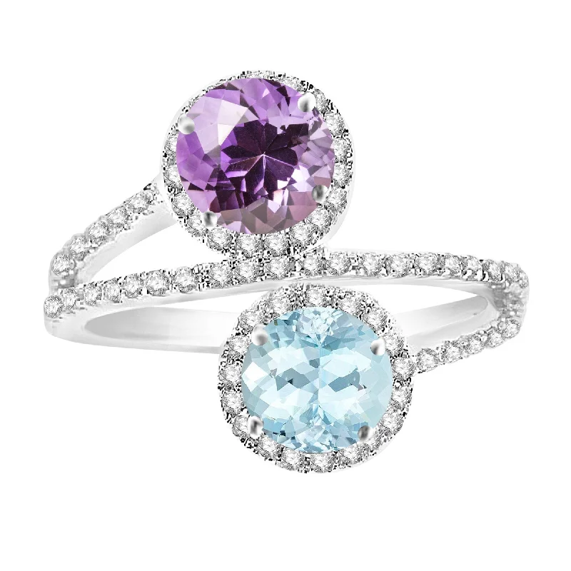 rose gold rings for women -Sterling Silver with Aquamarine, Amethyst and White Topaz Bypass Ring