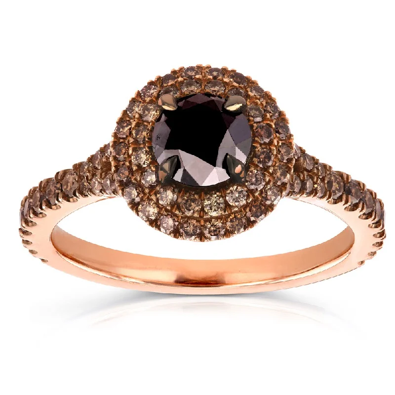 custom engraved rings -Annello by Kobelli 18k Rose Gold 1 1/2ct TDW Round Black and Champagne Diamond Double Halo Ring