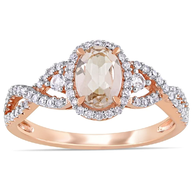 sapphire rings for women -Miadora 10k Rose Gold Morganite White Sapphire and 1/3ct TDW Diamond Halo Infinity Ring