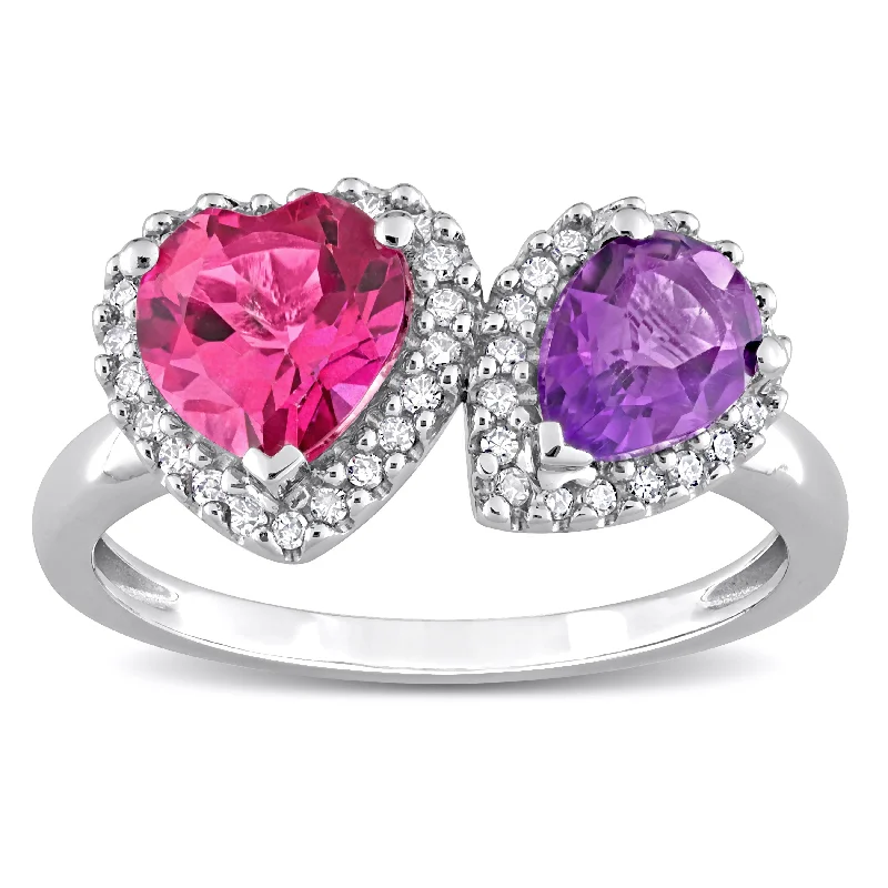 modern wedding rings for women -Miadora African-Amethyst Pink Topaz and 1/5ct TDW Diamond Heart-Pear Ring in 14kt White Gold