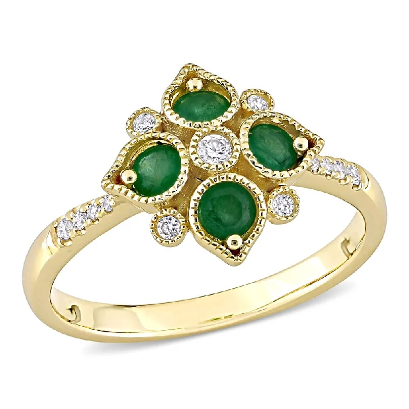 stackable rings for women -Miadora 14k Yellow Gold Emerald and 1/10ct TDW Diamond Floral Geometric Cluster Ring