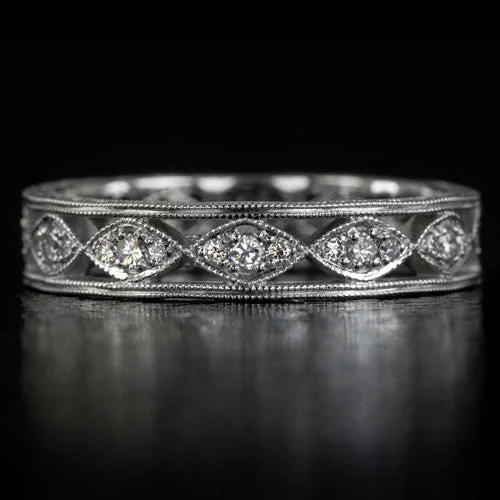 trendy rings for women -VINTAGE STYLE G VS DIAMOND PLATINUM WEDDING BAND WIDE STACKING RING ENGRAVED