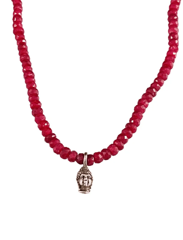 trendy long necklaces for women -18” Sterling Buddha with Diamond and Faceted Ruby Necklace