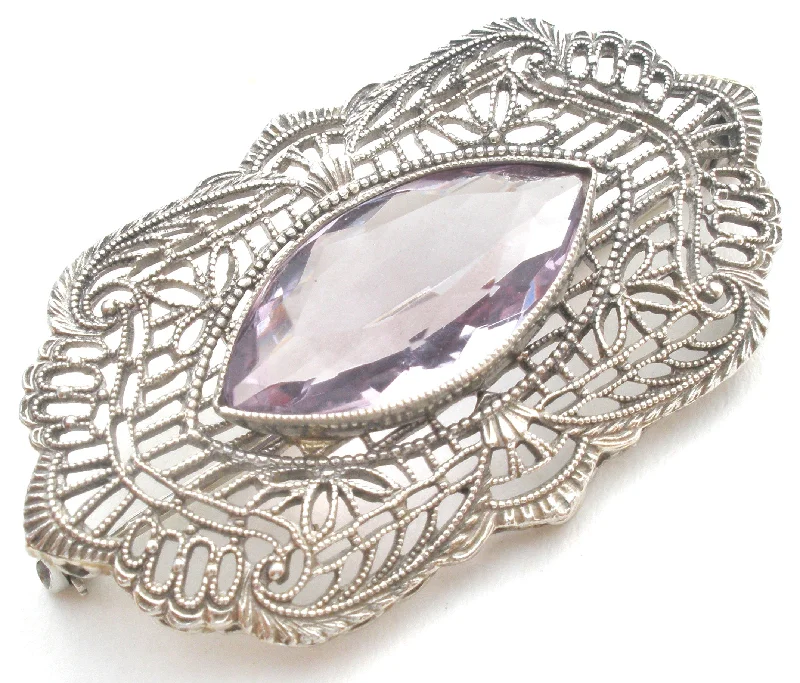 Antique 10K White Gold Amethyst Brooch Pin