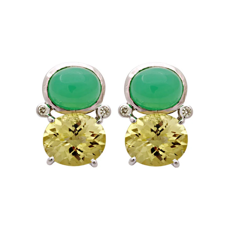 luxury diamond earrings for women -Earrings-Chrysoprase, Lemon Quartz and Diamond