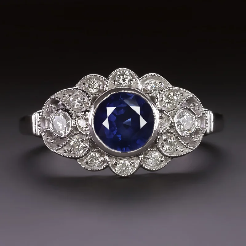 engagement rings for brides -VINTAGE STYLE SAPPHIRE DIAMOND COCKTAIL RING 14k WHITE GOLD NATURAL ENGAGEMENT