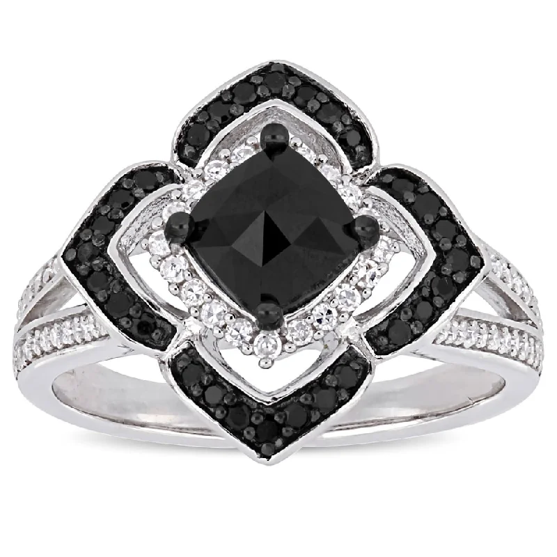 promise rings with birthstones -Miadora Signature Collection Sterling Silver 1 2/5ct TDW Black and White Diamond Floral Halo Split Shank Ring