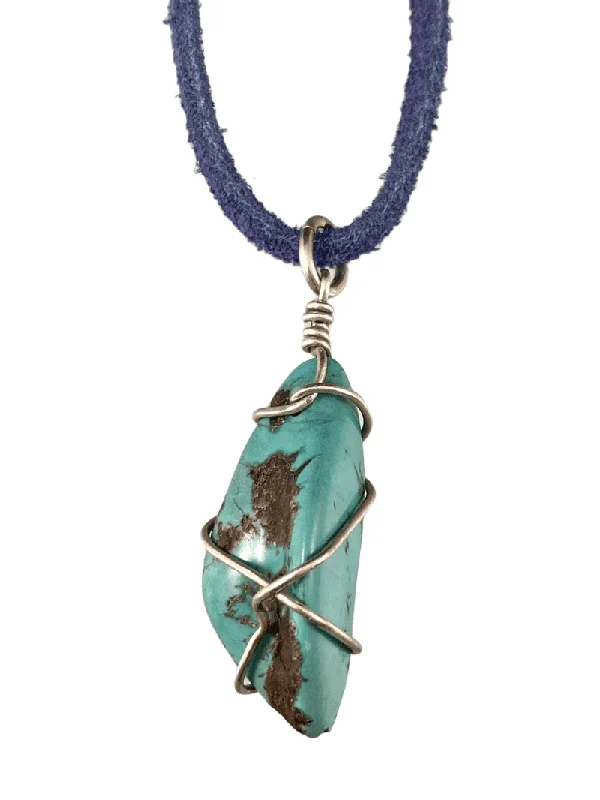 fashion necklaces for women -16" Turquoise Wrapped Nugget on Blue Suede Necklace