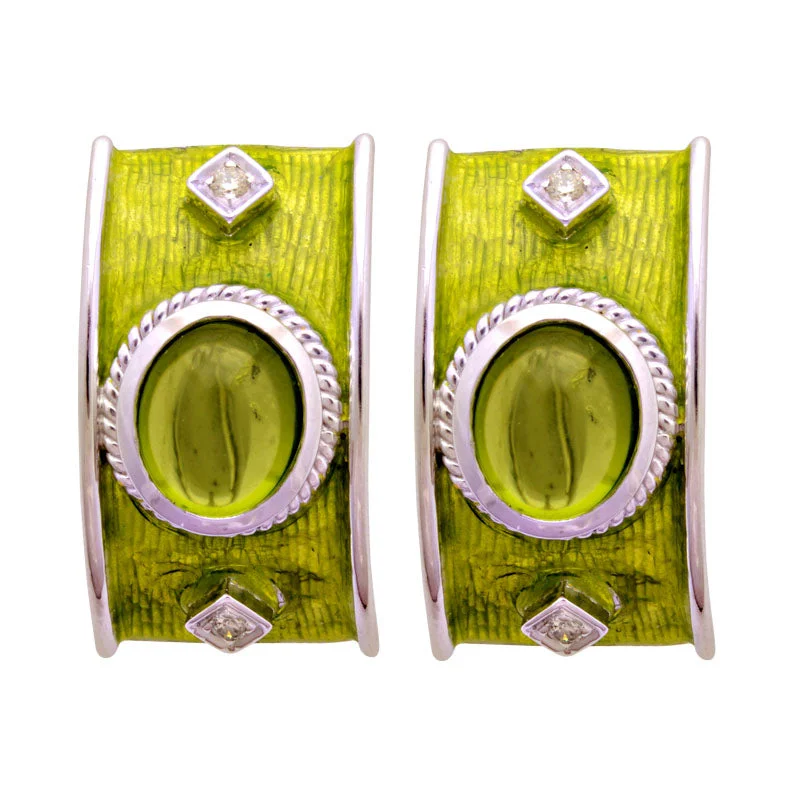 silver stud earrings for women -Earrings-Peridot and Diamond (Enamel)