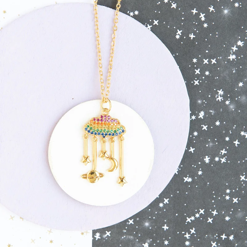 birthstone pendant necklaces -Cloud with Rainbow CZ stones & Hanging Stars Charm Necklace