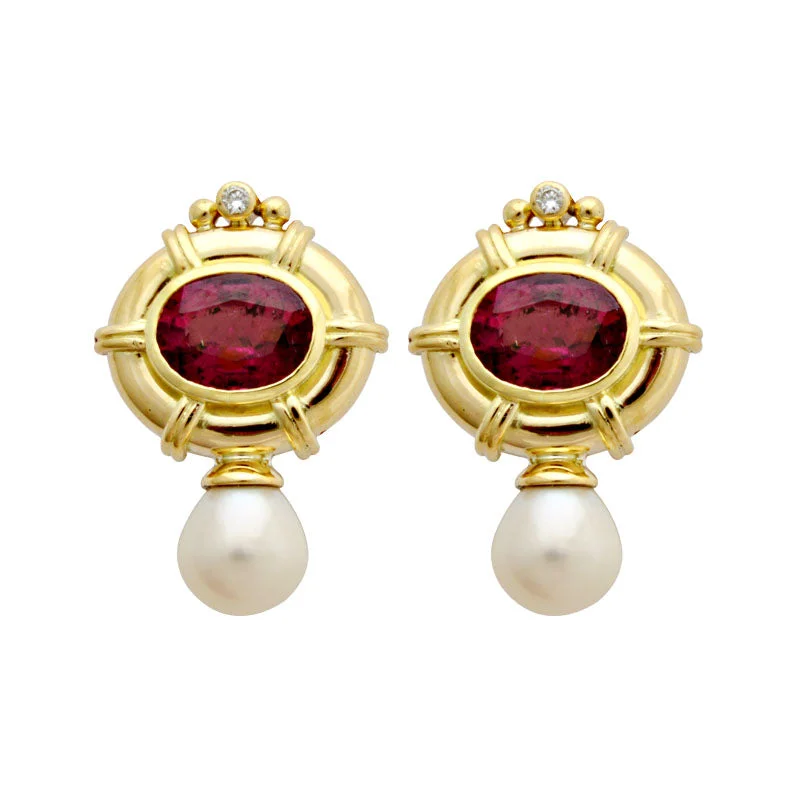 emerald earrings for women -Earrings-Rubellite, Fresh Water Pearl and Diamond