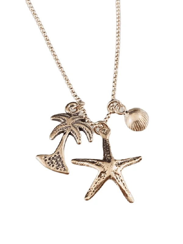 silver chain necklaces for women -16” Charm Necklace with Starfish Palm Tree and Seashell