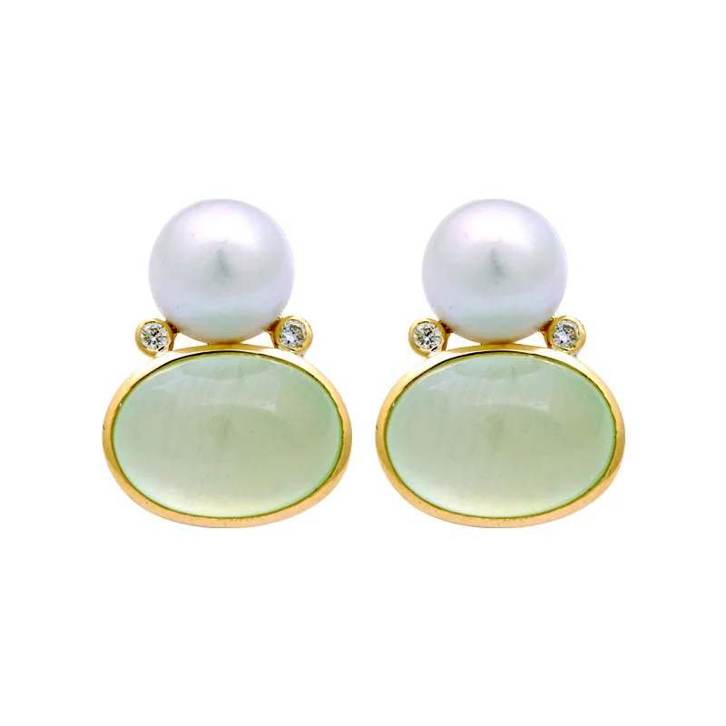 floral earrings for women -Earrings-Prehnite, South Sea Pearl and Diamond