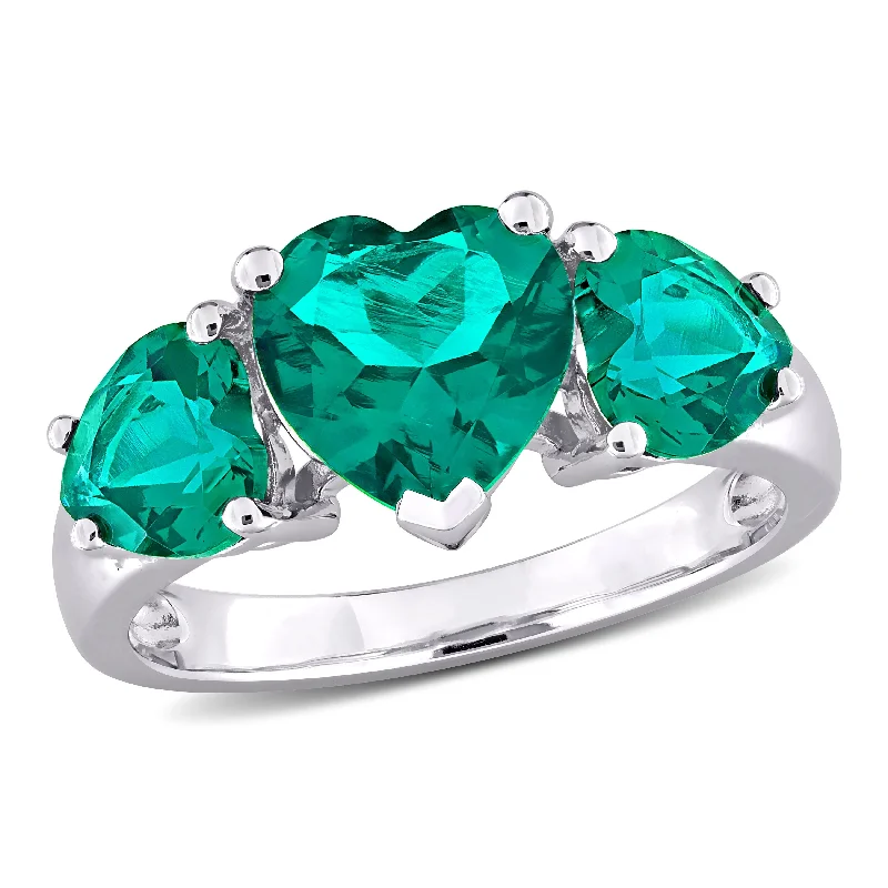 gemstone rings for women -Miadora 3ct TGW Created Emerald 3-Stone Heart Ring in Sterling Silver