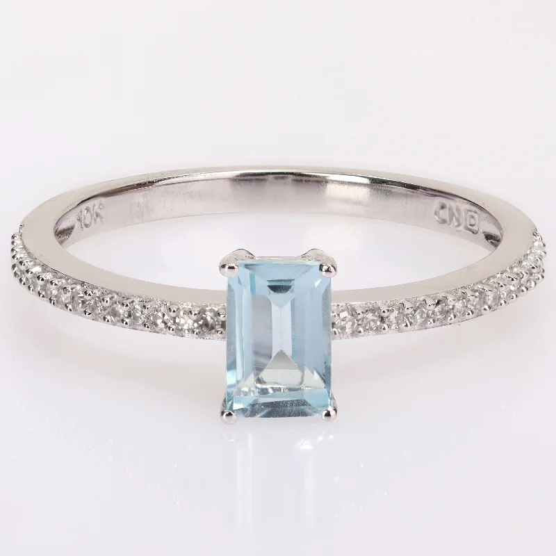 wedding bands with diamonds -Miadora 10k White Gold Octagon-cut Blue Topaz and 1/10ct TDW Diamond Birthstone Ring