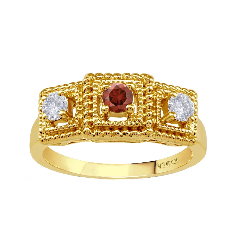 wedding rings with gemstones -Gold Over Sterling Silver with Genuine Red Diamond and Moissanite Ring