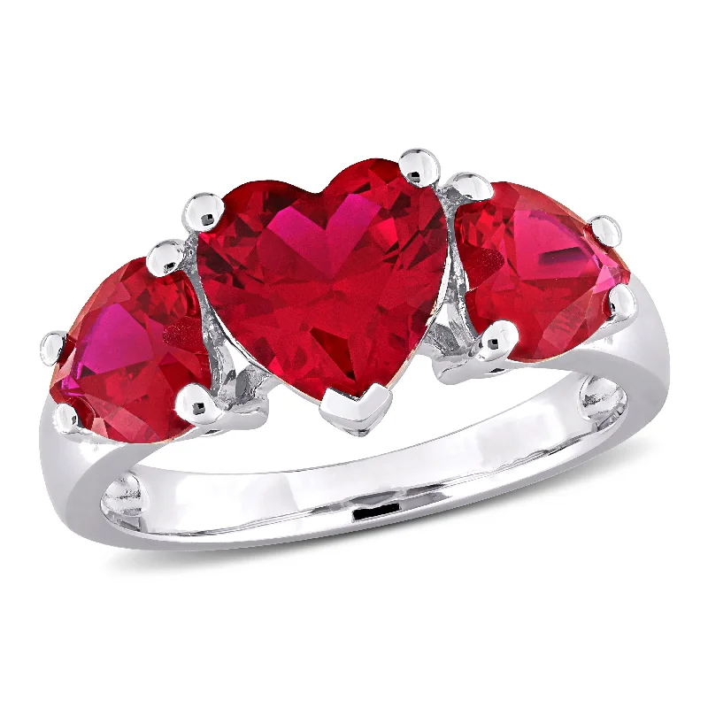 rose gold rings for women -Miadora 4 4/5ct TGW Created Ruby 3-Stone Heart Ring in Sterling Silver