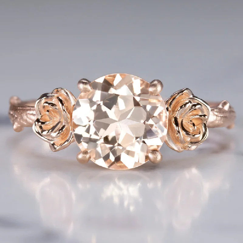 eternity diamond wedding rings -MORGANITE 14K ROSE GOLD RING BRANCH FLOWER RUSTIC ORGANIC PINK PEACH ROUND CUT