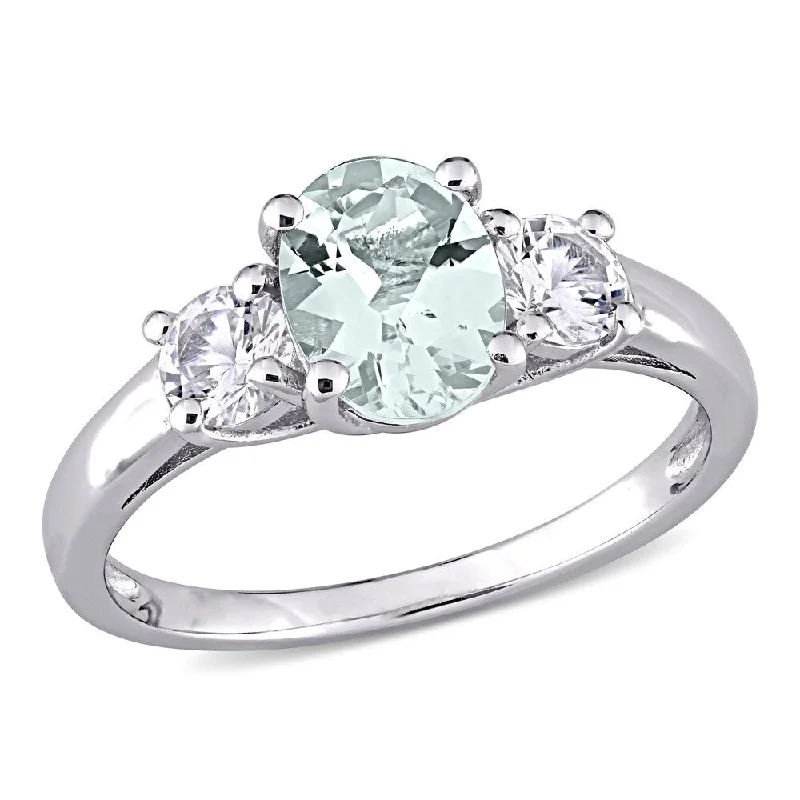 trendy rings for women -Miadora Sterling Silver Aquamarine and Created White Sapphire 3-stone Ring