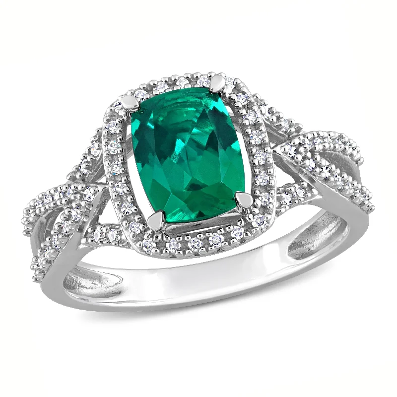 rose gold rings for women -Miadora 2ct TGW Aquamarine Created Emerald and 1/6ct Diamond Split-Shank Halo Ring in 10k White Gold